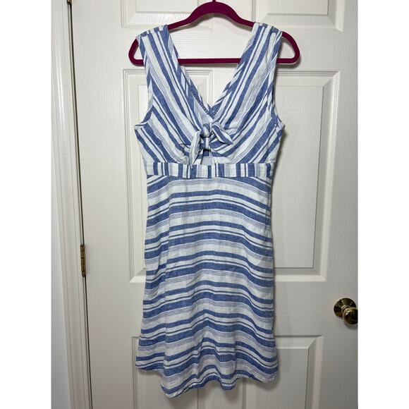 New Anthropologie Maeve Linen Striped Tie Front Pocket Dress Bon Vivant Coastal - Picture 2 of 13